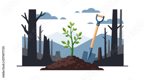 Green sapling growing in burnt forest landscape with shovel.