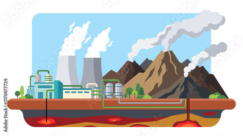 Geothermal power plant processing energy near active volcano.