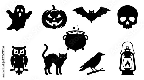 Assorted black Halloween silhouettes featuring ghosts and pumpkins.