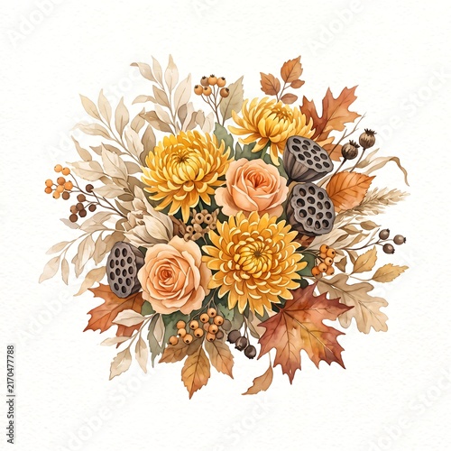 Autumn floral bouquet feature yellow chrysanthemums, orange roses, lotus pods, and dried autumn leaves on a white background.
