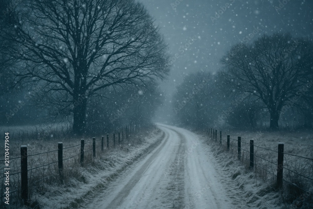 Fototapeta premium Serene snowy path under snowfall.