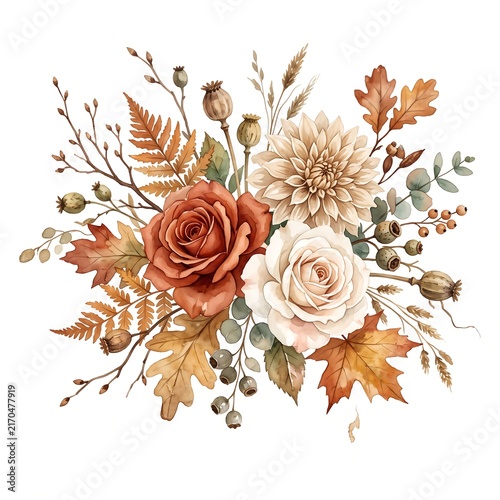 Autumn floral bouquet features watercolor roses, dahlia, dried seed pods, and fall foliage isolated on a white background.
