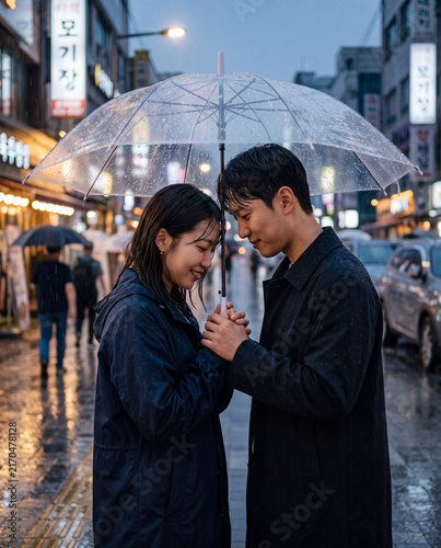 Romantic couple under a clear umbrella on a rainy street at twilight for romantic poster and greeting card background