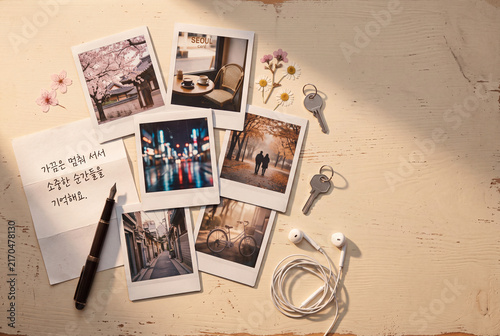Polaroid travel collage with handwritten note keys and earphones for nostalgic memory background and scrapbook layout