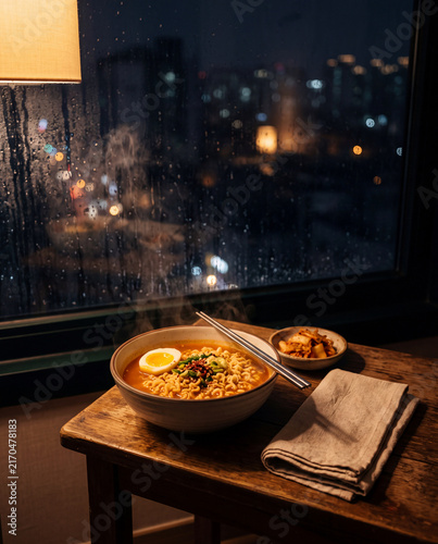 Steaming bowl of ramen on wooden table by a rainy window at night for cozy food background and restaurant menu or comfort meal wallpaper