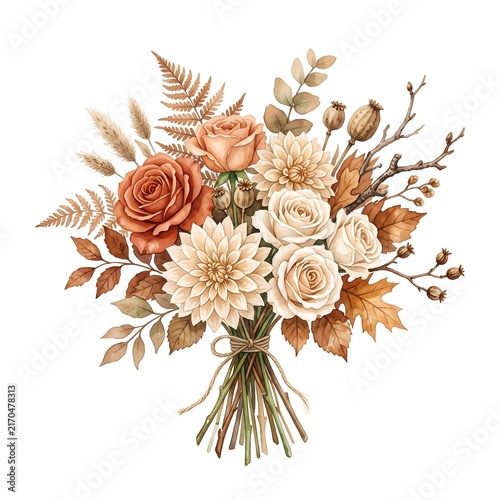 Bouquet of autumn flowers tied with twine includes orange roses, white dahlias, and dried fern leaves.
