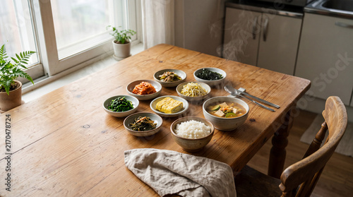 Traditional korean meal with rice and assorted banchan on a wooden table for food background and menu design