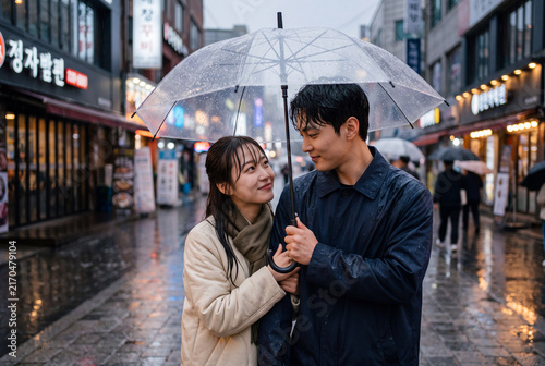 Young couple sharing a clear umbrella on a wet city street at dusk smiling under soft lights for romantic banner and background use