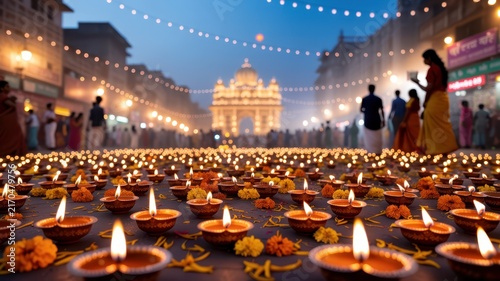 Happy Diwali Crowded street scene during Diwali festival with hundreds of glowing clay diyas and marigold flowers on the ground at night