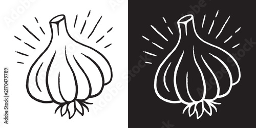 Garlic bulb ink drawing black and white clove pencil sketch retro vintage rustic aesthetic outline tattoo line art. Natural organic farm vegetable minimal doodle illustration for logo design print.
