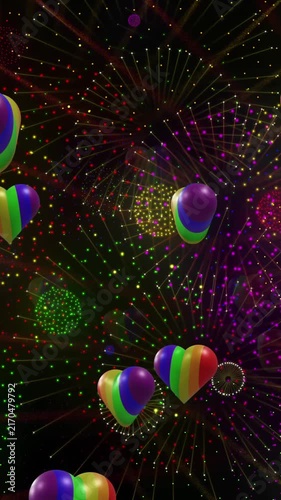 Animation of pride rainbow hearts and fireworks exploding on black background