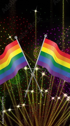 Animation of pride rainbow flags and fireworks exploding on black background