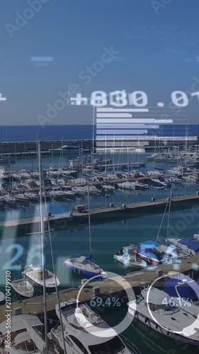 Animation of financial data processing over yachts in port