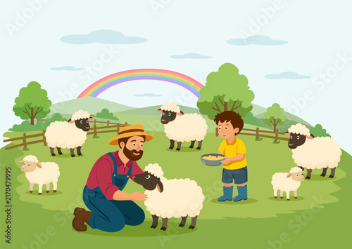 Sheep ranch with shepherd, child, flock, lambs, pasture, fence and rainbow. For agriculture posters, cards, packaging and educational design. On light background.