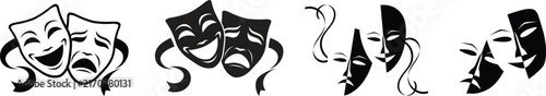 Theatrical masks vector icon set, theater, theatre mask signs, masquerade mask, comedy and tragedy mask symbols, performance, drama, stage, acting, play, and artistic vector illustration collection