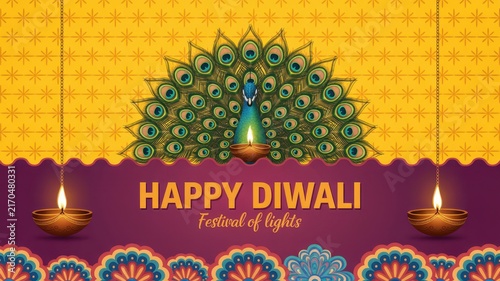 Happy Diwali Peacock illustration with open feathers and lit diyas on ornate purple and yellow background for Happy Diwali festival card