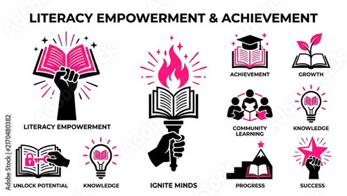 Reading Empowerment Vector Silhouette Icon Sheet, Black and Hot Pink Raised Hand Book, Page Torch Symbols Set Isolated on White