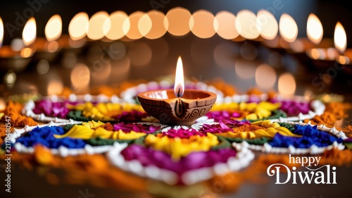 Happy Diwali Single glowing clay diya lamp placed on colorful floral rangoli pattern with blurred bokeh lights background for Diwali
