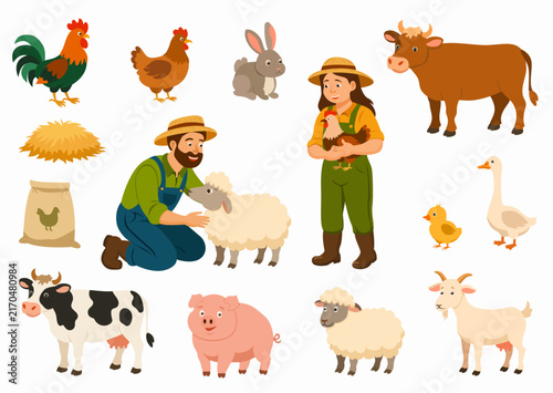 Agriculture set with farmers, rooster, hen, rabbit, cow, pig, sheep, goat, chicks and goose. For posters, cards, packaging and educational design. On white background.