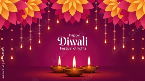 Happy Diwali Three lit clay diyas with large vibrant lotus petals and hanging light ornaments on a rich purple background for Diwali