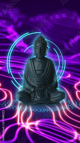 Animation of buddha statue, data processing and network of connections