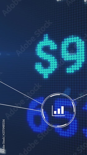 Animation of network of conncetions with icons over stock market