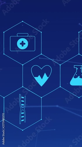 Animation of medical icons and lines on blue background