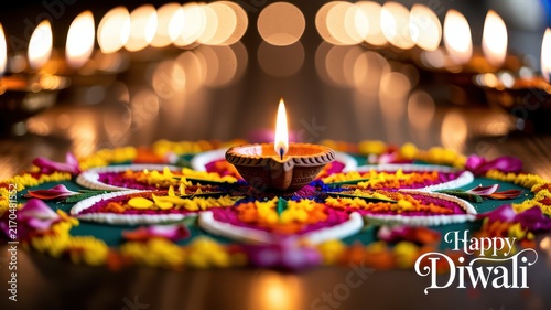 Happy Diwali Single lit clay diya lamp on intricate vibrant floral rangoli with blurred bokeh lights for professional Diwali background