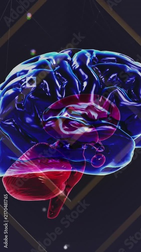 Red and blue brain rotating over processing data and gold lines on black background