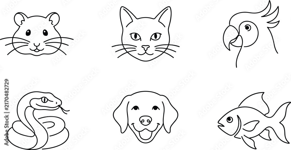 Obraz premium Pet shop and veterinary care linear icons set featuring line art faces of hamster cat parrot snake happy dog and goldfish vector illustration design