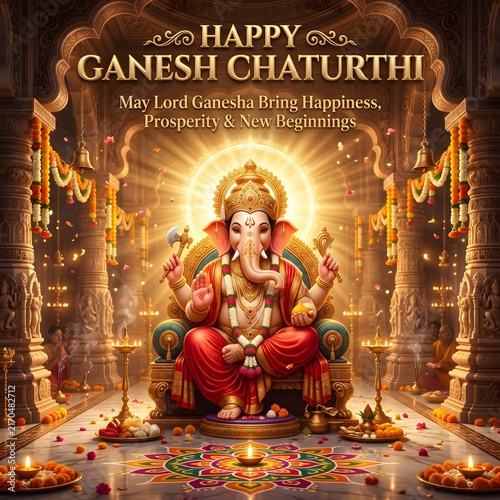 Happy ganesh chaturthi celebration greeting card with lord ganesha statue