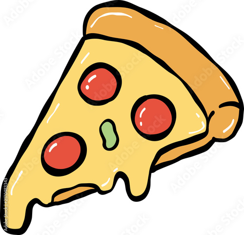 Cute Pizza Slice Clipart Stock Illustration. Hand-drawn pepperoni pizza with Melting Cheese and Green Pepper. Isolated Fast Food Dinner Graphic Element Vector Artwork. 