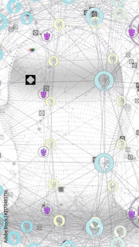 Animation of robot icons over digital human with connections
