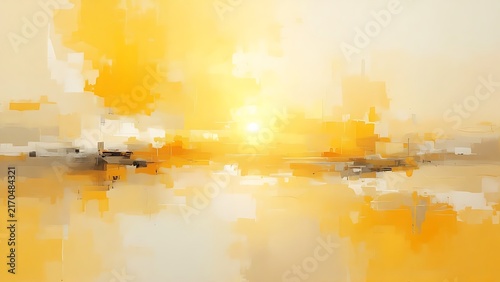 Abstract Golden Horizon Landscape Painting Featuring Warm Sunrays and Atmospheric Light Clouds in a Soft Minimalist Style for Artistic Wall Decor