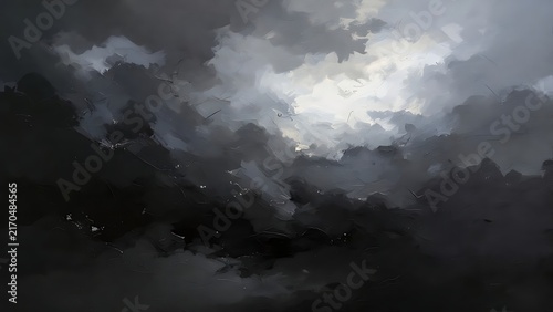 Dramatic Atmospheric Landscape Painting Featuring Rolling Dark Storm Clouds and Ethereal Light Breaking Through a Moody Overcast Sky