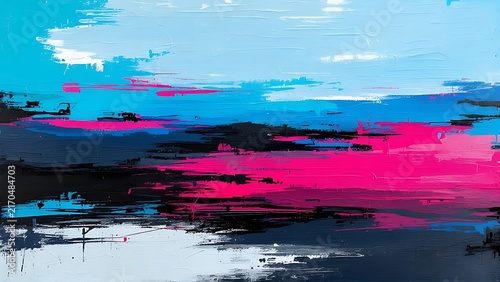 Abstract landscape painting with vibrant pink, blue, and black acrylic brush strokes on canvas