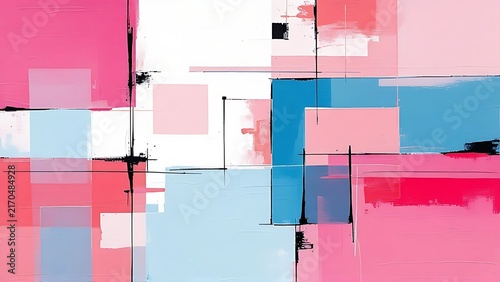 Abstract geometric art with vibrant pink and blue squares and rectangles, featuring a minimalist, modern aesthetic