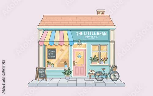 Cute Coffee Shop Storefront Flat Vector Illustration
