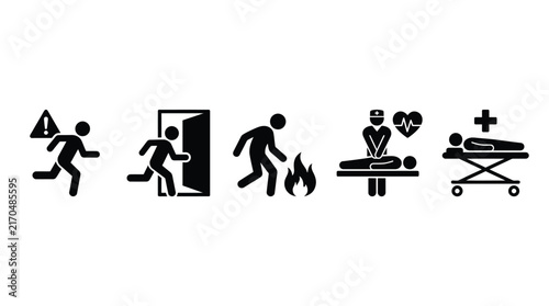 Emergency response pictogram set displaying human evacuation fire safety medical assistance and patient transport procedures clearly