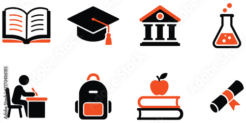 Set of education and school icons featuring books graduation cap university building and science equipment