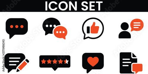 Set of eight flat design communication and feedback icons with speech bubbles and user interface elements