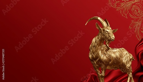 Luxury Red and Gold Chinese Zodiac Goat Sculpture Background with 
Copy Space for Chinese New Year 2027 Celebration