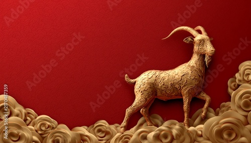 Luxury Red and Gold Chinese Zodiac Goat Sculpture Background with 
Copy Space for Chinese New Year 2027 Celebration