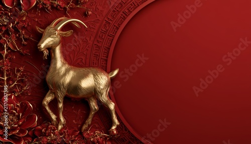 Luxury Red and Gold Chinese Zodiac Goat Sculpture Background with 
Copy Space for Chinese New Year 2027 Celebration