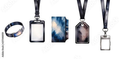 Set of event accessories, including wristbands and id badge holders isolated on transparent background