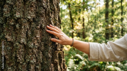 A Person Touching Withered Tree Bark in a Deep Sunny Forest During Autumn Sunlight for Experience