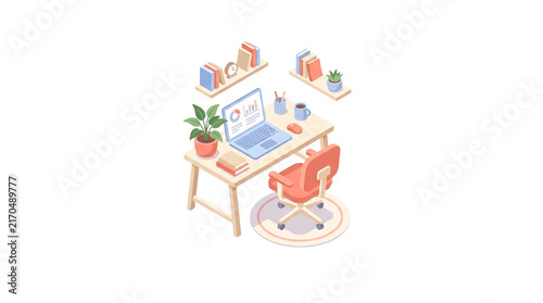 Isometric home office workspace, modern remote work desk with laptop and chair, cozy study room interior with books and plants isolated PNG with Transparent Background