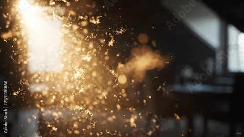 Golden glittering dust particles floating in sunlight streaming through a window in a dark room. gold glitter light beam rays