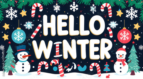 Hello Winter text with pixel art Christmas decorations illustration
