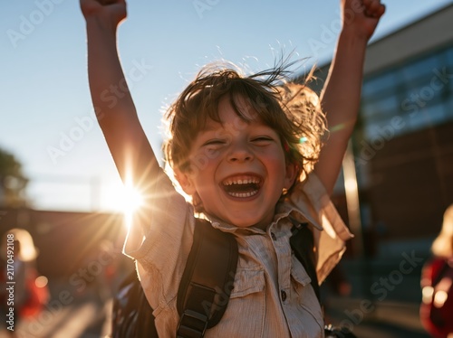 Joyful young boy with arms raised in celebration under the bright sun